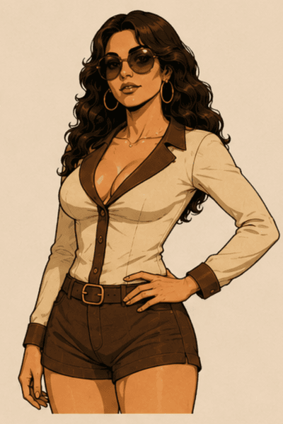 Abby in her classic look — dark curly hair, round sunglasses, confident expression.