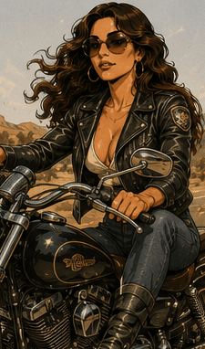 Abby as a biker, confident and relaxed on a motorbike.