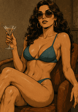 Abby in a blue bikini, confident and relaxed.