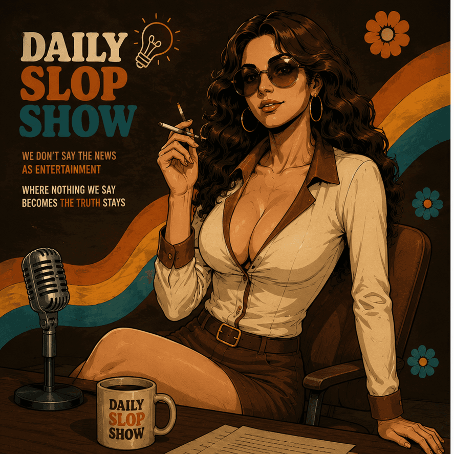 Abby — official cover art for The Daily Slop Show. Dark curly hair, oversized round sunglasses, warm retro illustration style.