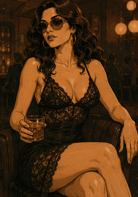 Abby at a bar in a lace top, after-show mood.