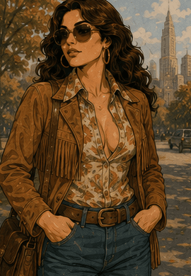 Abby in a leather jacket, cool and assured.