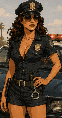 Abby as a police officer, authoritative and composed.