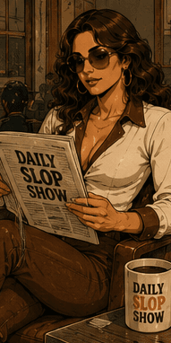 Abby reading a newspaper, focused.