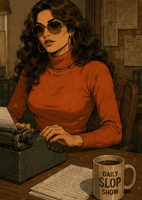 Abby in a bold red turtleneck, striking look.