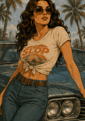Abby with a car, roadside, windswept.