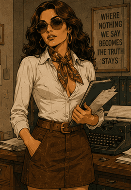 Abby at a typewriter, old-school journalist energy.