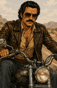 Boyd as a biker, road behind him, calm and unhurried.