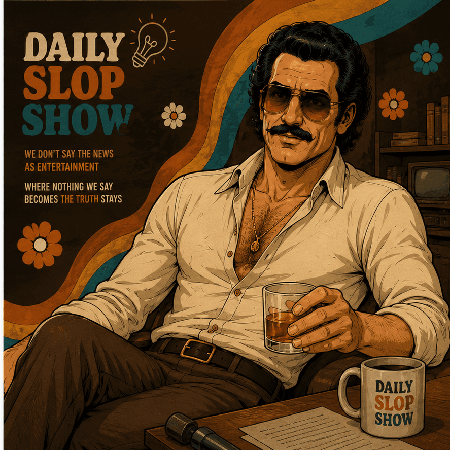 Boyd — official cover art for The Daily Slop Show. Dark brown hair, thick moustache, aviator sunglasses, warm retro illustration.