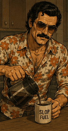 Boyd in a Hawaiian shirt with a coffee mug, warmer mood than usual.