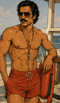 Boyd as a lifeguard, watching the horizon.